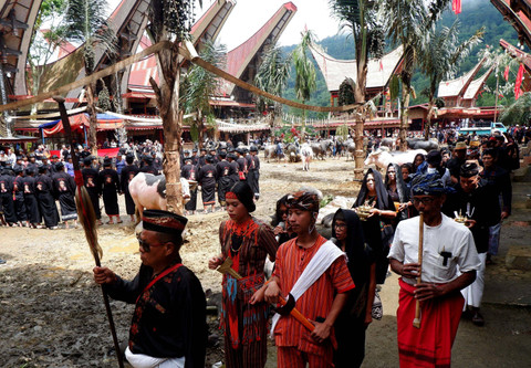 Iring-iringan keluarga duka menyambut tamu saat prosesi terima tamu pada penyelenggaraan upacara rambu solo di Sesean, Toraja Utara, Sulawasi Selatan, Sabtu (27/7/2024). Foto: Sakti Karuru/ANTARA FOTO