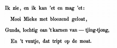Salah satu bait puisi De Ziende karya penyair Belanda J. J. Cremer (1863) yang memuat ungkapan tjing-tjong