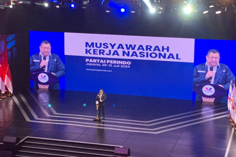 Ketum Perindo, Hary Tanoesoedibjo pada acara Mukernas Perindo di iNews Tower, Jakarta, Senin (29/7/2024). Foto: Luthfi Humam/kumparan