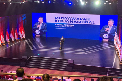 Ketum Perindo, Hary Tanoesoedibjo pada acara Mukernas Perindo di iNews Tower, Jakarta, Senin (29/7/2024). Foto: Luthfi Humam/kumparan