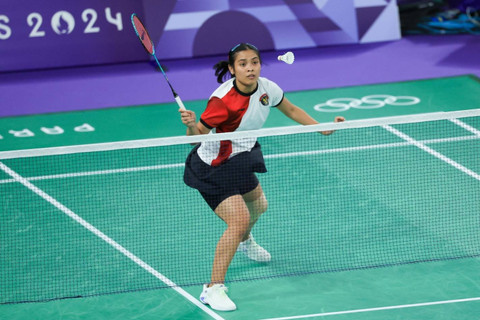 Tunggal putri Indonesia Gregoria Mariska Tunjung pada pertandingan Olimpiade Paris 2024 di Porte De La Chapella Arena, Paris, Prancis. Foto: NOC Indonesia