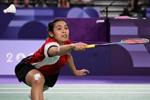 Tunggal putri Indonesia Gregoria Mariska Tunjung saat melawan tungga putri Korea Selatan An- Se-young pada semifinal Olimpiade Paris 2024 di Porte De La Chapella Arena, Paris, Prancis, Minggu (4/8/2024). Foto: Wahyu Putro A/ANTARA FOTO