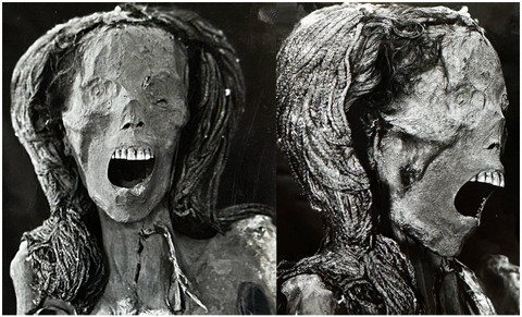 Penampakan depan dan kanan kepala mumi Wanita Menjerit yang diambil di Kasr Al Ainy Faculty of Medicine di Kairo, Mesir, pada 1939. Foto: Frontiers in Medicine
