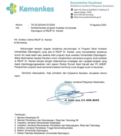 Surat Kemenkes soal dugaan kasus bunuh diri peserta PPDS Undip di RS Kariyadi Semarang, Agustus 2024 Foto: Dok. Istimewa