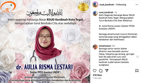 Pernyataan RSUD Kardinah, Kota Tegal, atas meninggalnya salah satu dokternya, Agustus 2024. Foto: Instagram/@rsud_kardinah