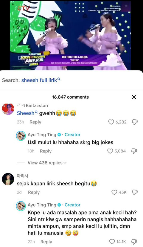 Kolom komentar postingan TikTok Ayu Ting Ting