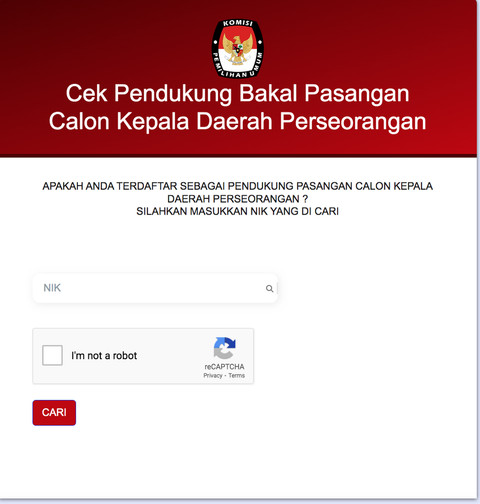 Halaman di website KPU untuk NIK KTP para pendukung bakal pasangan Calon Kepala Daerah Perseorangan. Foto: Dok. KPU