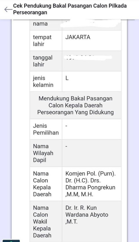 Tampilan di website KPU bila NIK warga tercatat mendukung Bakal Pasangan Calon Pilkada Perseorangan. Foto: Dok. KPU