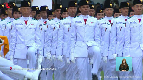 Pasukan Paskibraka saat upacara HUT ke-79 RI Istana Negara IKN, Kalimantan Timur, Sabtu (17/8/2024). Foto: YouTube/Sekretariat Presiden