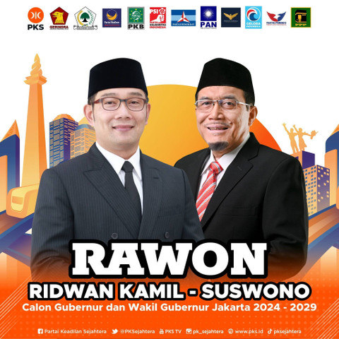 Pasangan Cagub-Cawagub Pilgub Jakarta, Ridwan Kamil dan Suswono (Rawon) akan bertarung melawan Dharma Pongrekun-Kun Wardana. Foto: X/@PKSejahtera