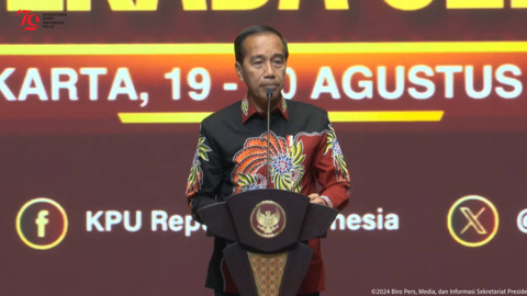 Presiden Jokowi berpidato saat membuka rapat Konsolidasi Nasional Kesiapan Pilkada 2024 di Jakarta Convention Center, Jakarta, Selasa (20/8/2024). Foto: YouTube/Sekretariat Presiden