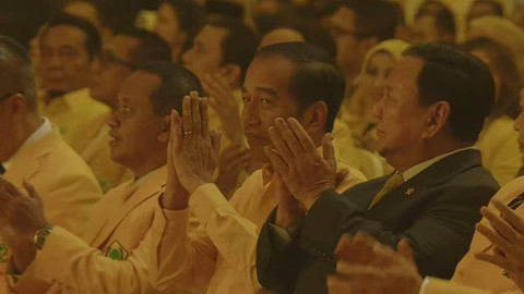 Presiden Joko Widodo bersama Menhan Prabowo Subianto menghadiri Musyawarah Nasional XI Partai Golkar 2024 di Jakarta, Rabu (21/8/2024). Foto: Youtube/ Golkar Indonesia