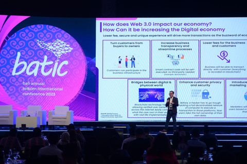 Direktur Digital Business Telkom Muhamad Fajrin Rasyid memberikan paparan terkait peran Web3 dalam mendorong transformasi digital di Indo-Pasifik serta inovasi Telkom di ranah Web3 dan teknologi blockchain pada gelaran BATIC 2023 hari kedua di The Westin Resort Nusa Dua Bali, Kamis (7/9/2024). Foto: Dok. Telkom