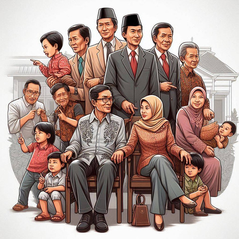 Ilustrasi dinamika keluarga, kolusi, nepotisme. Ilustrasi dibuat menggunakan Bing Image Creator. Tidak ada atribusi hak cipta yang diperlukan.