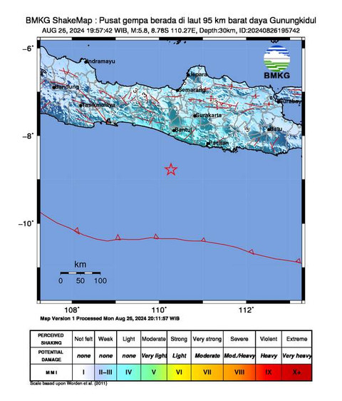 Gempa 5,8 magnitudo guncang Gunung Kidul Yogyakarta. Gambar: BMKG