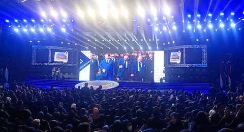 Prabowo Subianto tiba di penutupan Kongres III Partai NasDem yang berlangsung di JCC, Jakpus, Selasa (27/8).   Foto: Thomas Bosco/kumparan