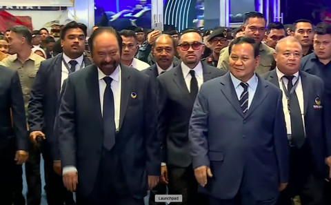 Prabowo Subianto tiba di penutupan Kongres III Partai NasDem yang berlangsung di JCC, Jakpus, Selasa (27/8). Foto: Youtube/ NasDem TV