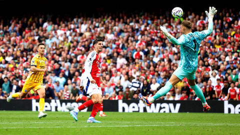 Kai Havertz mencetak gol saat Arsenal vs Brighton & Hove Albion dalam laga pekan ketiga Liga Inggris 2024/25 di Stadion Emirates pada pukul 18:30 WIB, Sabtu (31/8). Foto: Action Images via Reuters/Peter Cziborra