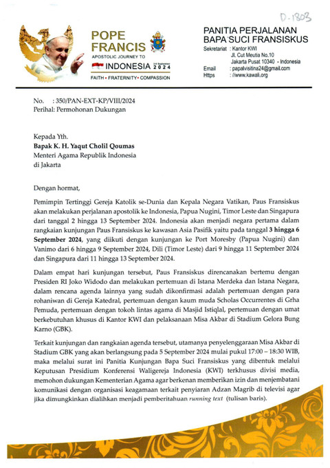 Surat dari Kemenag ke Kominfo soal Permintaan penampilan running text Azan Maghrib saat Misa bersama Paus Fransiskus. Foto: Dok. Istimewa