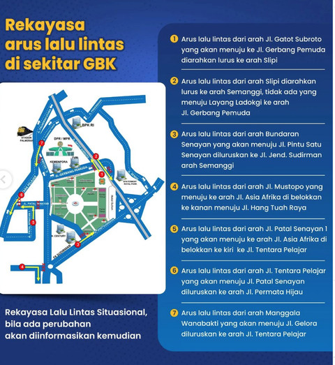 Rekayasa di GBK pada Misa Pope Francis Apostolic pada Kamis, 5 September 2024 dari pukul 06.00 WIB s/d selesai. Foto: TMC Polda Metro