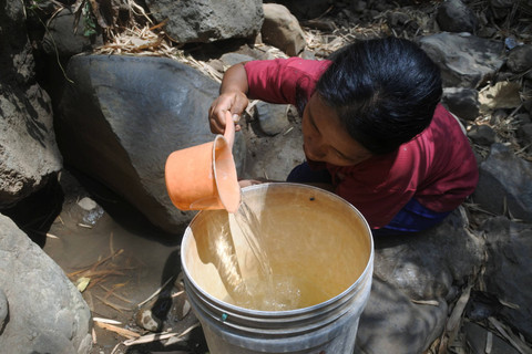 Warga megambil air di sumber mata air yang mengecil di Desa Selomukti, Mlandingan, Situbondo, Jawa Timur, Rabu (4/9/2024). Foto: Seno/ANTARA FOTO