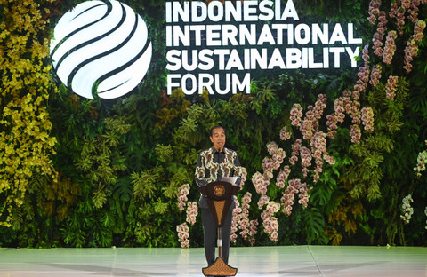 Presiden Joko Widodo menyampaikan sambutan dalam pembukaan Indonesia International Sustainability Forum (ISF) 2024 di Jakarta Convention Center (JCC) Senayan, Jakarta, Kamis (5/9/2024).  Foto: Aditya Pradana Putra/ANTARA FOTO