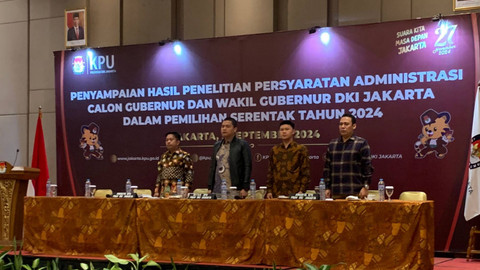 Suasana penyampaian hasil penelitian persyaratan administrasi calon gubernur dan wakil gubernur Pilkada Jakarta oleh KPU Jakarta di Hotel Luminor, Jakarta, Kamis (5/9/2024).  Foto: Luthfi Humam/kumparan