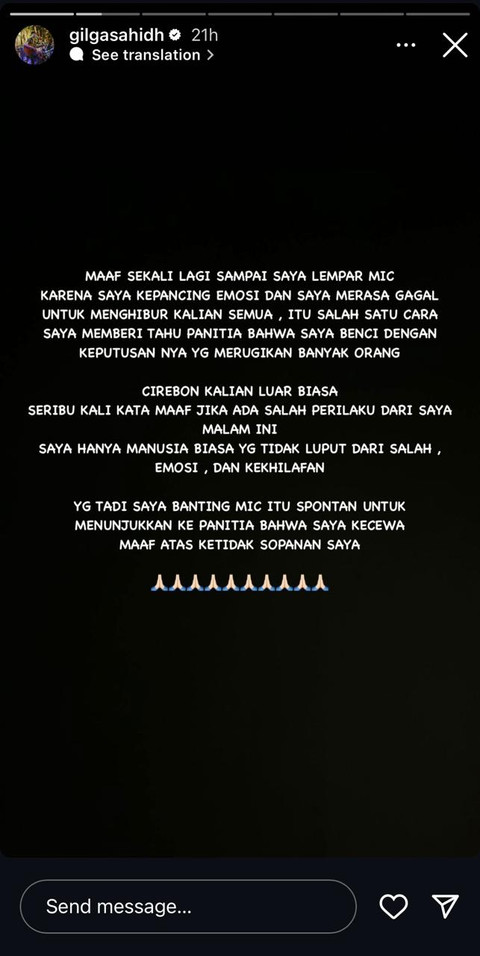 Penjelasan Gilga Sahid soal jatuhkan mic. Foto: Instagram @gilgasahidh. 
