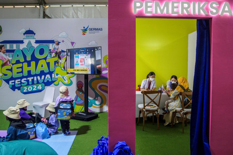 Petugas kesehatan memeriksa kesehatan anak saat Ayo Sehat Festival 2024 di Gedung Sate, Bandung, Jawa Barat, Sabtu (14/9/2024). Foto: Novrian Arbi/ANTARA FOTO