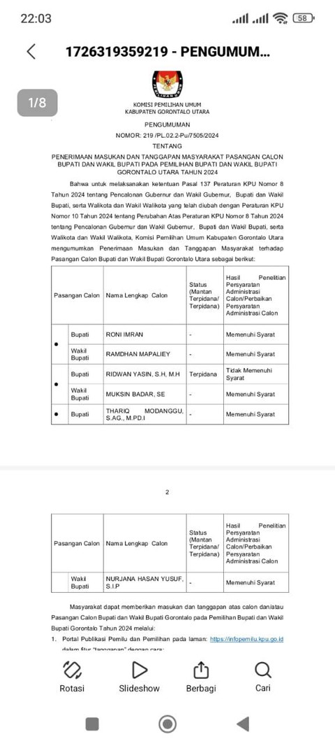 Tangkapan layar surat pengumuman KPU Kabupaten Gorontalo Utara. 
