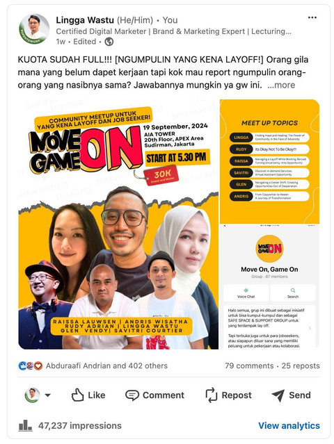 Postingan Lingga Wastu di LinkedIn soal ngumpulin orang-orang yang kena PHK. Foto: Dok. Istimewa
