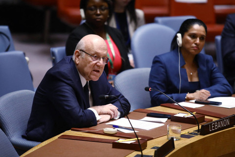 Perdana Menteri Lebanon Najib Mikati menghadiri pertemuan Dewan Keamanan PBB di markas besar PBB di New York pada 25 September 2024. Foto: Leonardo Munoz/AFP