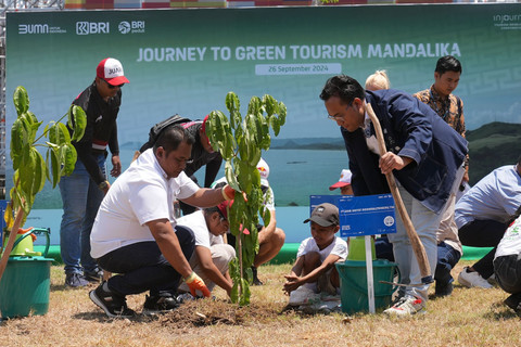 Wakil Direktur Utama BRI Catur Budi Harto (kanan) pada penanaman pohon di Kawasan Mandalika, Kamis (26/9/2024). Foto: Dok. BRI