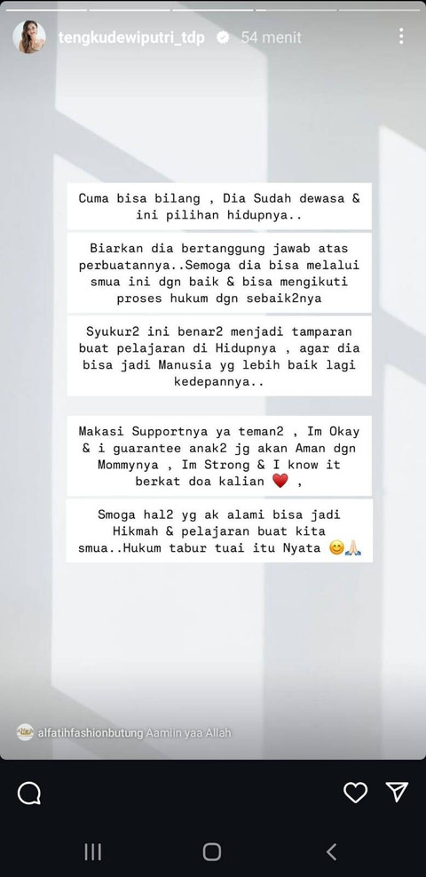 Reaksi Tengku Dewi Usai Andrew Andika Ditangkap karena Kasus Narkoba. Foto: Instagram @tengkudewiputri_tdp