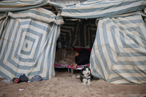 Tenda darurat yang didirikan warga Lebanon yang mengungsi di sebuah pantai di Beirut, Lebanon, Selasa (1/10/2024). Foto: Louisa Gouliamaki/REUTERS