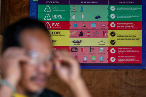 Jenis Sampah: Papan informasi yang menunjukkan jenis sampah plastik yang bisa diolah di Workshop Wiralodra, di Balongan, Indramayu. Foto: Dedhez Anggara/Antara Foto