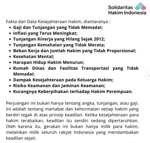 Pernyataan Solidaritas Hakim Indonesia tentang aksi cuti bersama massal, 7-11 Oktober 2024. Foto: Instagram/@solidaritas_hakim_indonesia