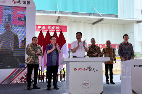 Menko Marves Luhut Binsar Pandjaitan meresmikan PT LBM Energi Baru Indonesia, yang memproduksi bahan katoda Lithium Iron Phosphate (LFP) di Kawasan Industri Kendal, Selasa (8/10/2024). Foto: Intan Alliva Khansa/kumparan