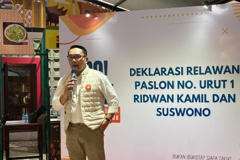 Calon gubernur Jakarta nomor urut 1 Ridwan Kamil menghadiri acara Deklarasi relawan BRO RK, di Bopet Uda Melawai, Jakarta Selatan, Kamis (10/10/2024). Foto: Alya Zahra/Kumparan