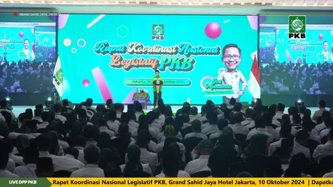 Ketua Umum PKB Muhaimin Iskandar atau Cak Imin memberikan sambutan saat Rapat Koordinasi Nasional (Rakornas) Legislatif PKB di Grand Sahid Ballroom, Jakarta, Kamis (10/10/2024). Foto: Youtube/DPP PKB