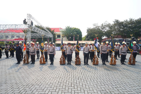 Gladi bersih pasukan pengamanan untuk pelantikan presiden dan wakil presiden terpilih Prabowo Subianto-Gibran Rakabuming Raka pada tanggal 20 Oktober 2024 di Mako Brimob, Depok, Jumat (11/10). Foto: Divisi Humas Polri