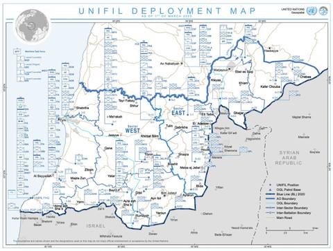 Peta Penempatan Pasukan UNIFIL (Maret 2023). Foto: Dok. Pasukan Sementara PBB di Lebanon 