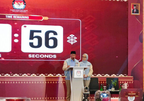 Pemaparan visi, misi dan program kerja dari pasangan calon gubernur dan wakil gubernur Lampung nomor urut 02 Rahmat Mirzani Djausal-Jihan Nurlela, pada Debat publik Pilkada Serentak 2024 | Foto : Eka Febriani / Lampung Geh