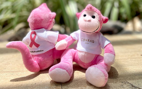 Conrad Bali menghadirkan maskot boneka Pink Ribbon Conrad Monkey yang akan disumbangkan ke Yayasan Kanker Payudara Indonesia (YKPI) dan Bali Pink Ribbon. Foto: Dok. Scop3