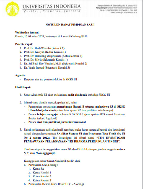 Surat terkait investigasi SKSG UI Foto: Dok. Istimewa