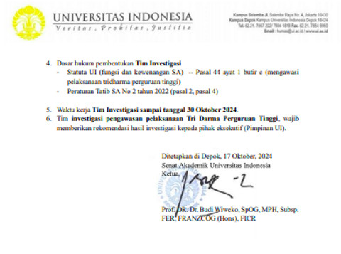 Surat terkait investigasi SKSG UI Foto: Dok. Istimewa