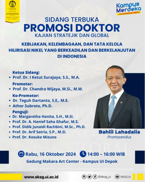 Pengumuman SKSG UI tenang sidang terbuka promosi doktor Bahlil Lahadalia, Rabu (17/10/2024). Foto: Dok SKSG UI