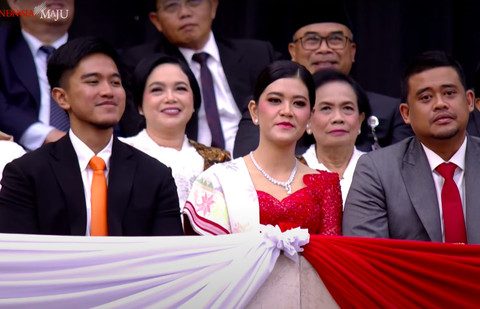 Anak-anak Jokowi. dari kiri: Kaesang Pangarep, Kahiyang Ayu, Bobby Nasution (suami Kahiyang), di pelantikan Prabowo, Jakarta, Minggu (20/10/2024). Foto: Youtube/Setpres RI