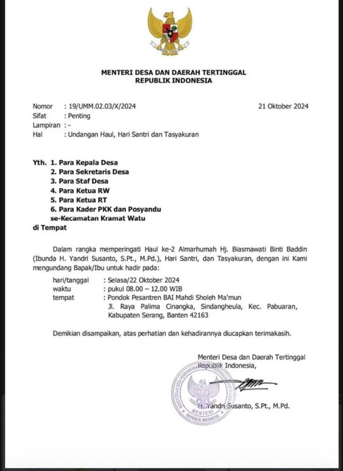 Beredar surat undangan dari Menteri Desa dan Daerah Tertinggal Yandri Susanto kepada para kepala desa RT di Kramat Watu untuk hadir di Haul Ibundanya. Foto: Dok. Istimewa