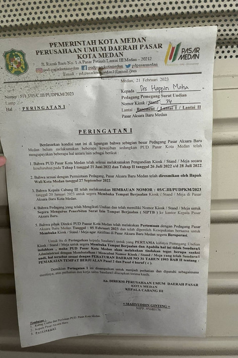 Surat Peringatan dari Perumda Pasar Kota Medan. Foto: Tri Vosa Fabiola Ginting/kumparan